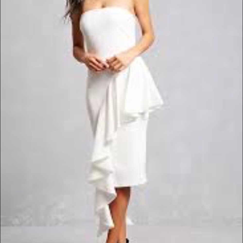 White strapless midi evening gown with ruffle